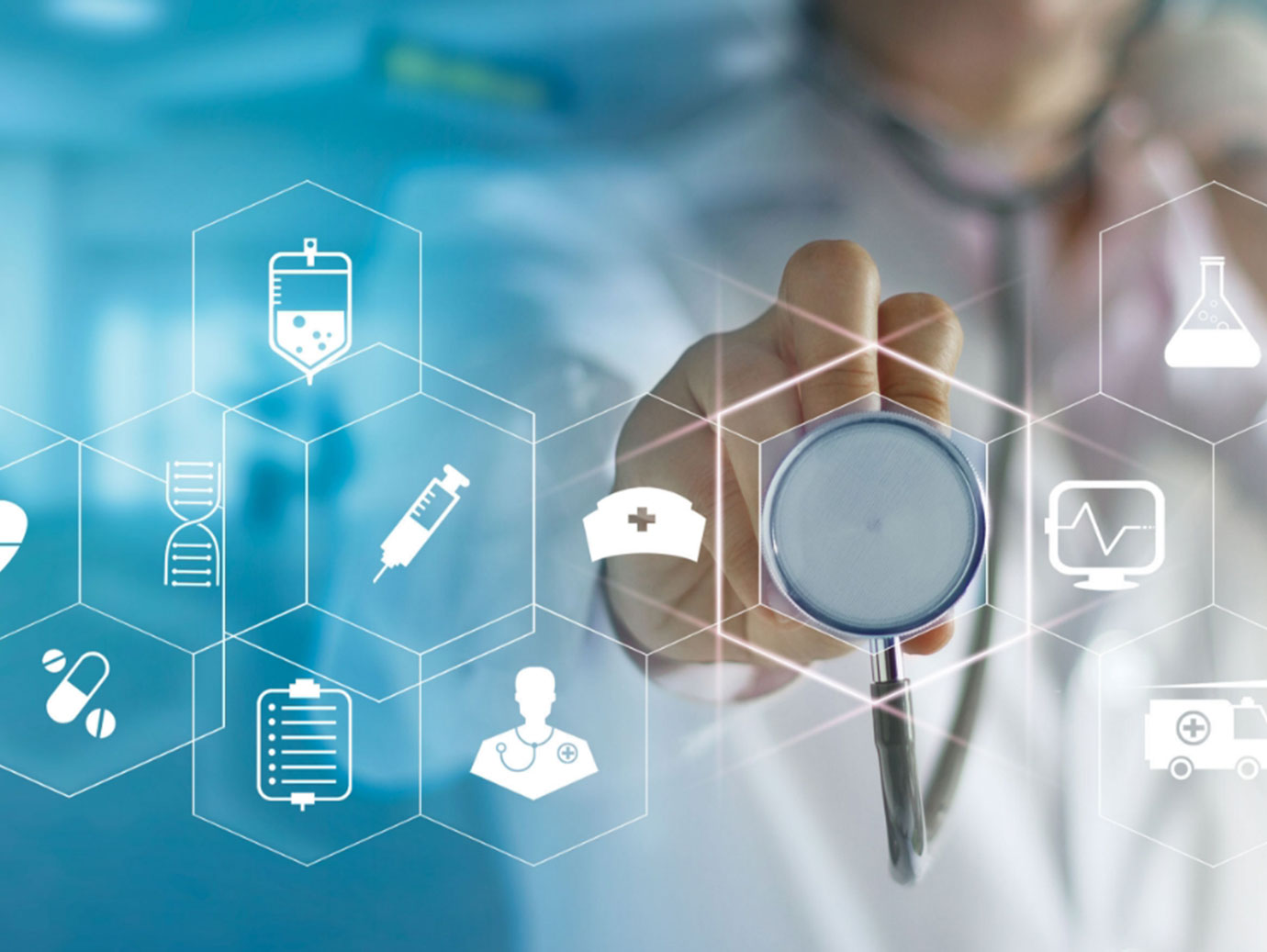 A doctor in the background keeping his stethoscope on the concept health icons displayed on the glass
