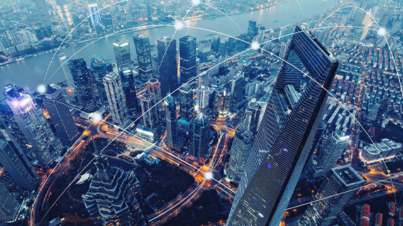 Aerial view of the city overlaid with the network transmission nodes