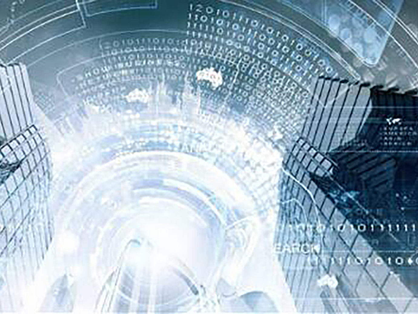bottom view of the tall buildings overlaid with graphics of binary digits