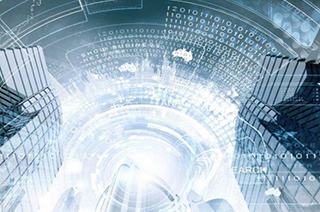 bottom view of the tall buildings against blue sky overalaid with binary numbers transmission