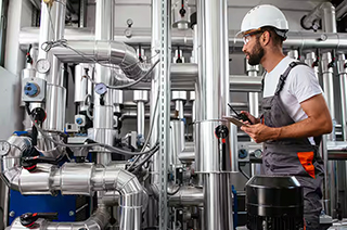An engineer at work with the pipes while holding a walkie takie and a mobile