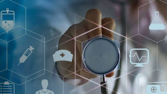 close up of a doctor's hand with stethoscope on the healthcare technology icons